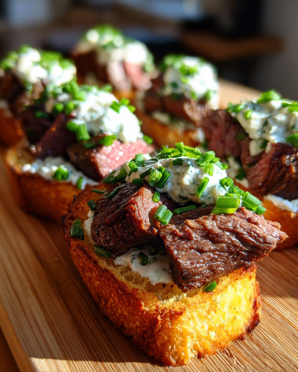 Close-up of perfectly seared steak crostini topped with creamy sauce and fresh green chives.
