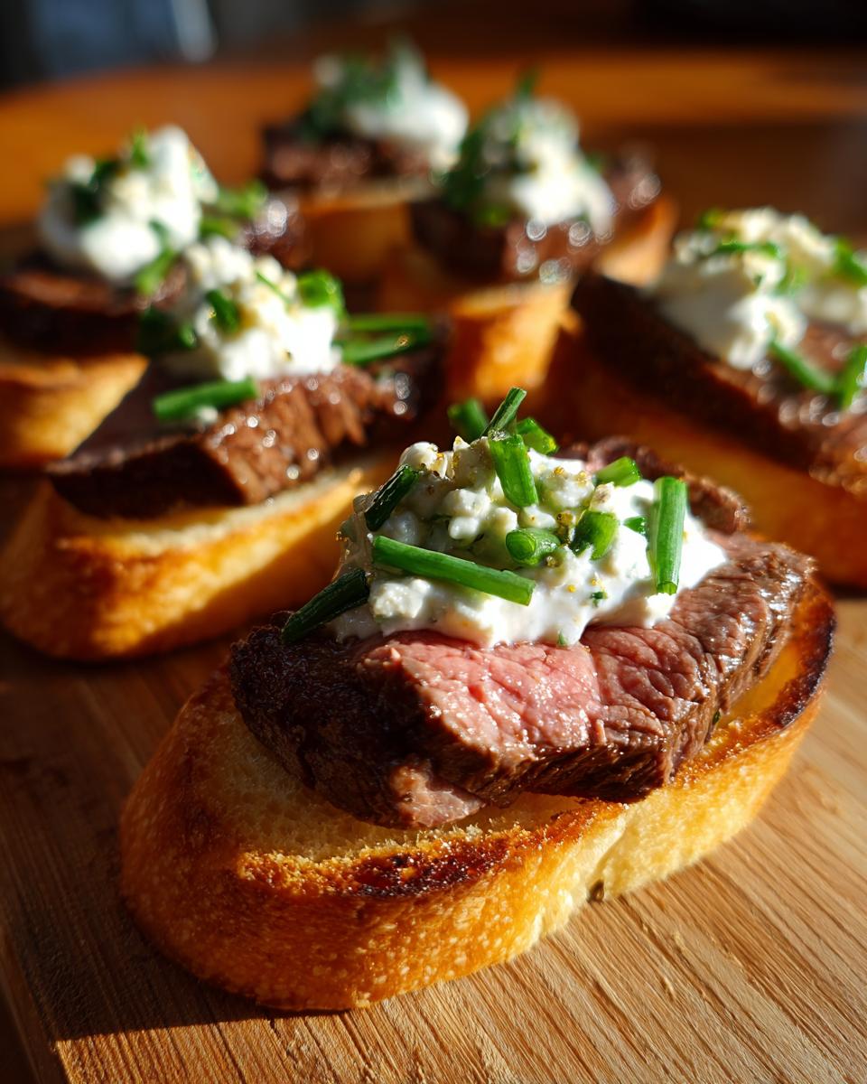Close-up of a single steak crostini topped with medium-rare steak, creamy cheese, and fresh chives.