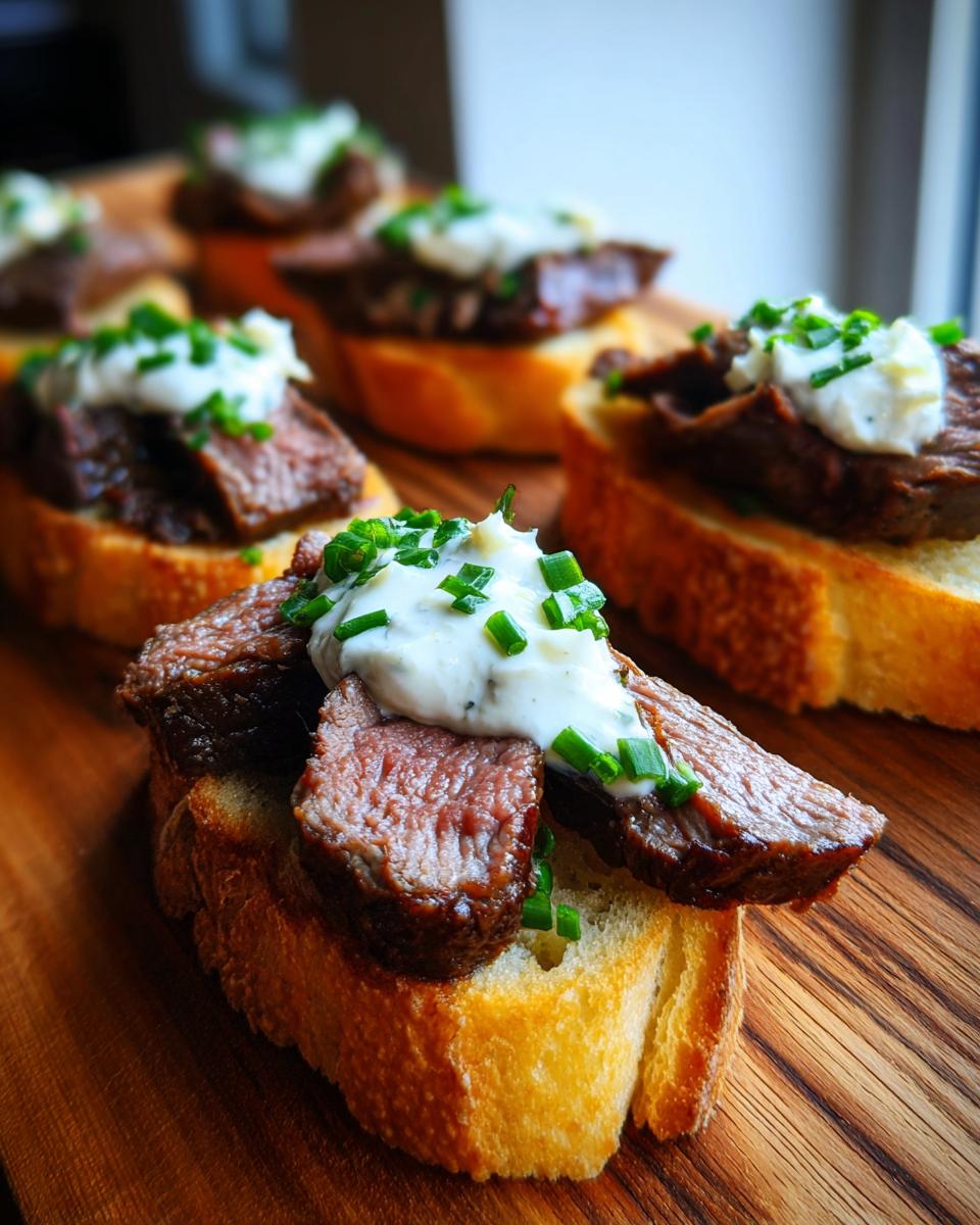 A close-up of perfectly cooked steak crostini topped with a dollop of white sauce and fresh chives.
