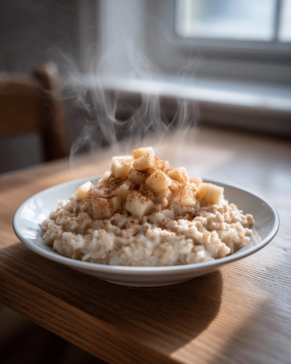 A close-up of steaming apple cinnamon oatmeal topped with diced apples and cinnamon powder.