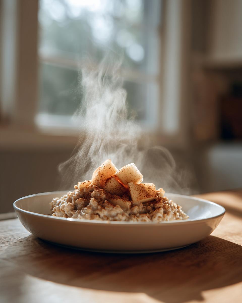 A bowl of hot apple cinnamon oatmeal topped with diced apples and cinnamon, steaming gently.