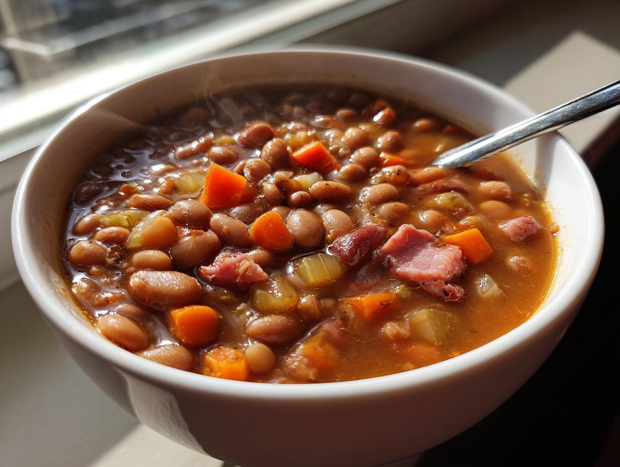 Close-up of a steaming white bowl filled with hearty bean soup, featuring beans, carrots, celery, and chunks of ham.