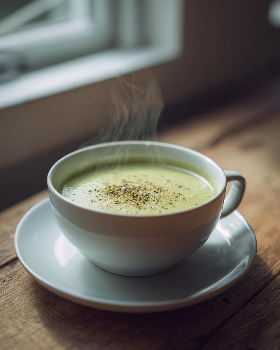 A steaming white bowl of creamy, light green celery soup topped with pepper, sitting on a saucer on a rustic wooden table.