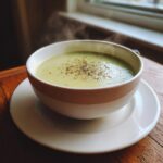 A steaming bowl of creamy, light green celery soup topped with freshly cracked black pepper, resting on a saucer.