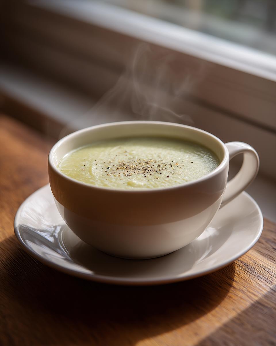 A steaming cup of creamy celery soup, garnished with cracked black pepper, sitting on a saucer by a window.