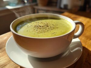 A steaming white mug filled with vibrant green celery soup, topped with cracked black pepper, sitting on a wooden table.