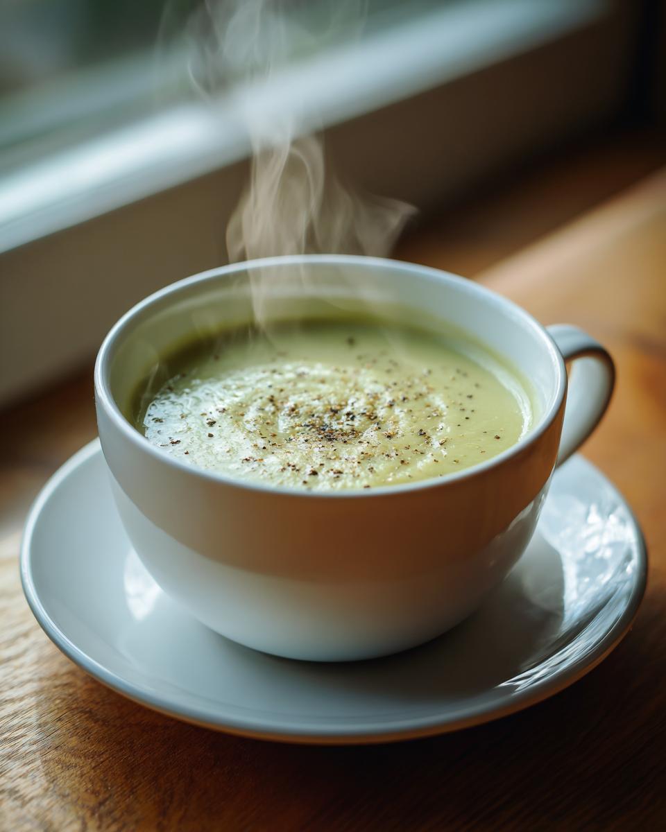 A close-up of a steaming white bowl filled with creamy, light green celery soup, topped with black pepper.