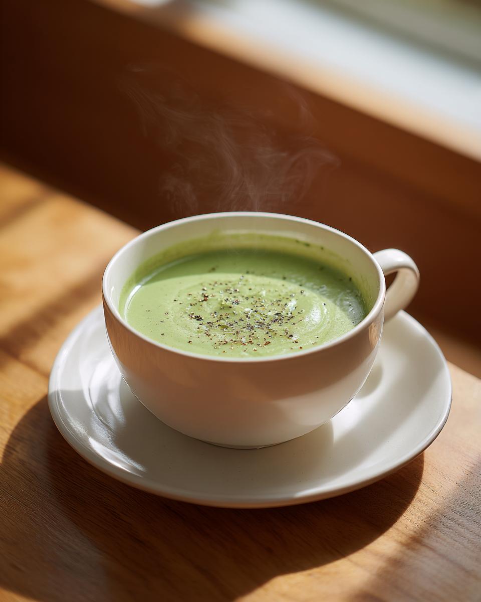 A steaming cup of creamy green celery soup, topped with cracked black pepper, sitting on a saucer.