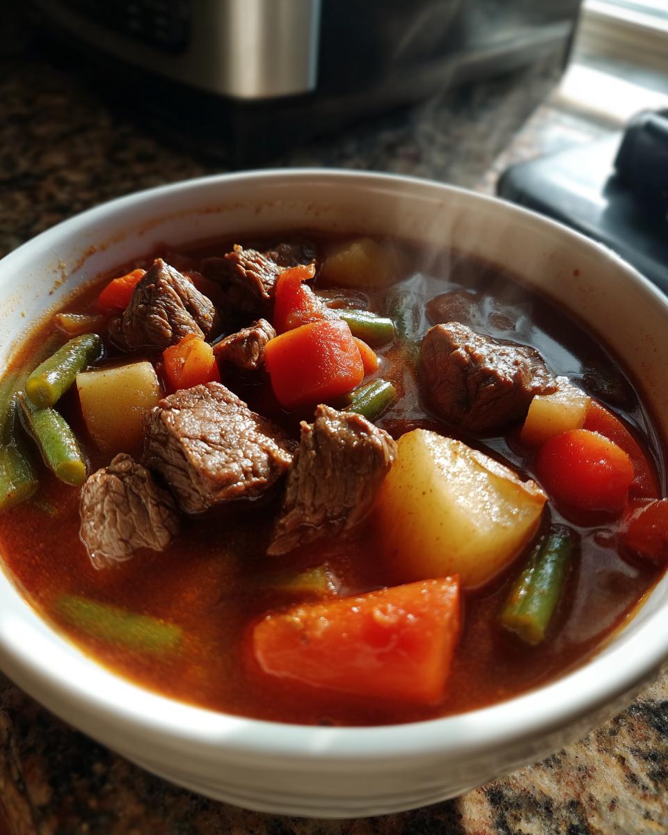 Close-up of a steaming white bowl filled with hearty vegetable beef soup, showing chunks of beef, carrots, potatoes, and green beans.