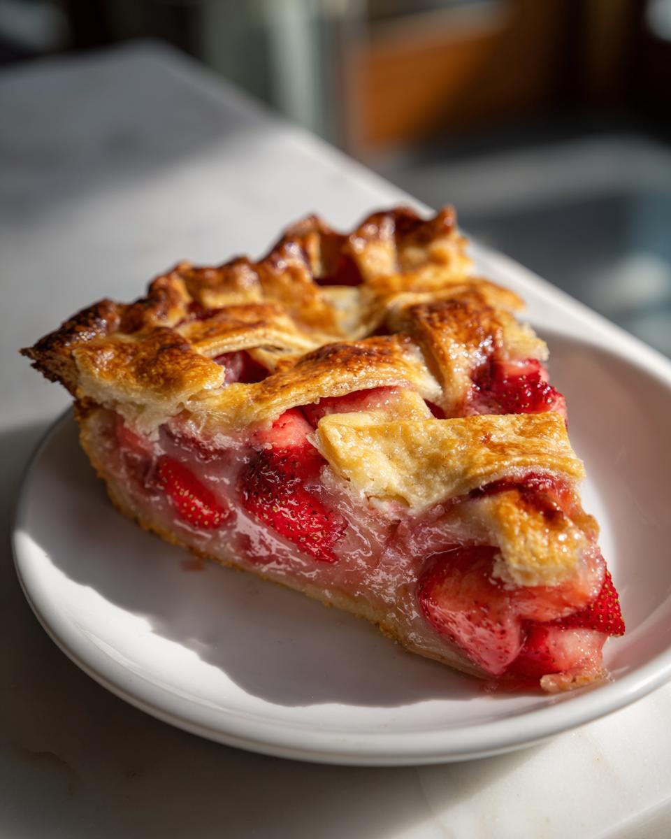 A close-up of a glistening slice of strawberry rhubarb pie featuring a golden lattice crust and bright red filling.