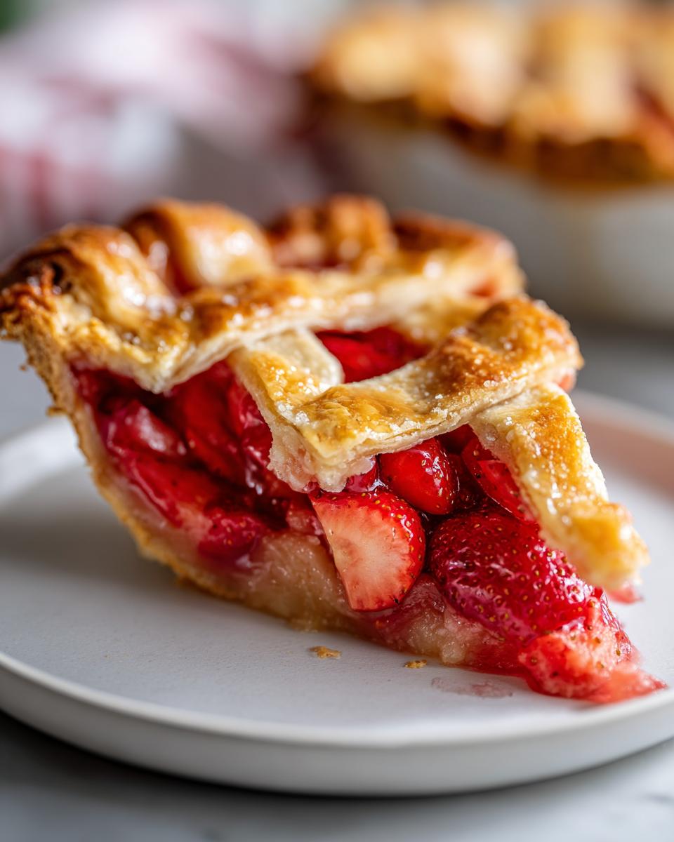 Close-up of a juicy slice of strawberry rhubarb pie featuring a golden lattice crust and bright red filling.