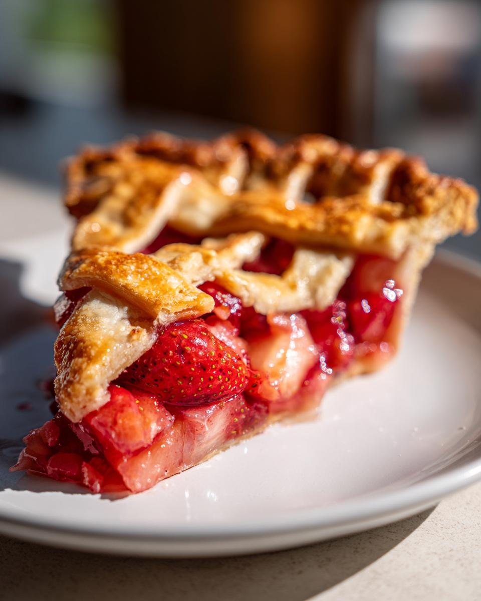 A close-up of a juicy slice of strawberry rhubarb pie featuring a golden lattice crust and bright red filling.