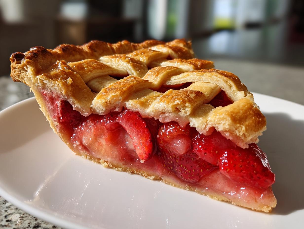Close-up of a juicy slice of strawberry rhubarb pie featuring a golden lattice crust and bright red filling.