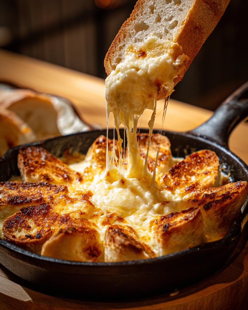 A slice of toasted bread is dipped into a hot, bubbly cheese bread dip in a cast iron skillet, showing long cheese pulls.