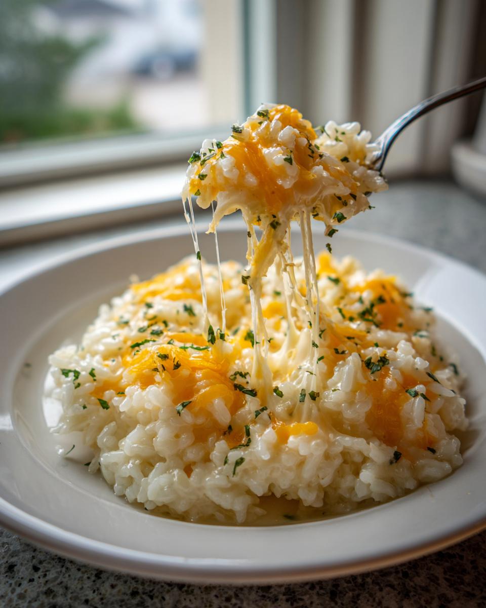 A fork lifts a bite of creamy cheesy rice, showing long, satisfying cheese pulls from the melted cheddar topping.
