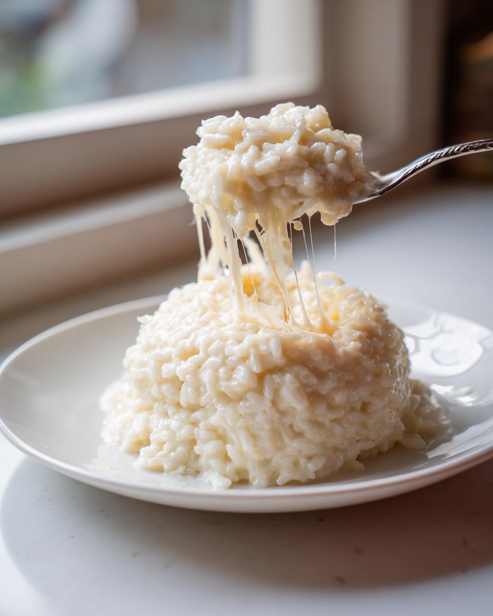 A spoonful of creamy, cheesy rice is lifted from a mound of cheesy rice, showing dramatic cheese pulls.