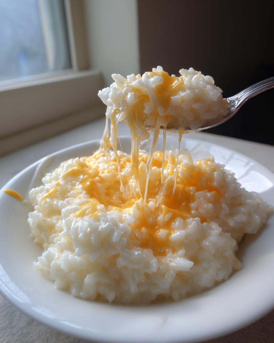 A spoonful of creamy cheesy rice lifted from a bowl, showing long, stretchy strings of melted cheddar cheese.