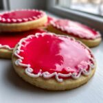 Close-up of sugar cookies decorated with bright pink glaze and white piped icing border made with our sugar cookie icing recipe.