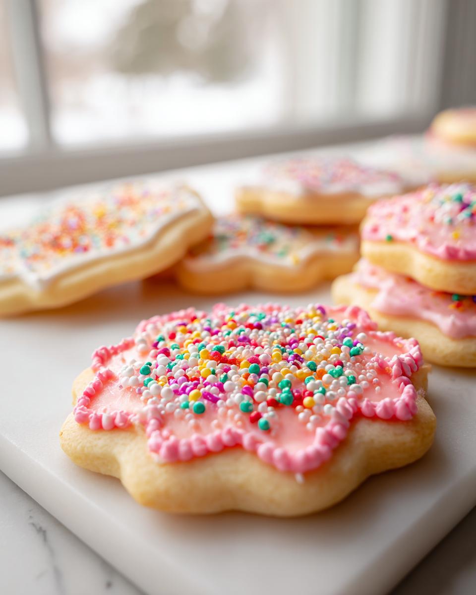 Close-up of a flower-shaped sugar cookie topped with bright pink icing and colorful nonpareil sprinkles, demonstrating the sugar cookie icing recipe.