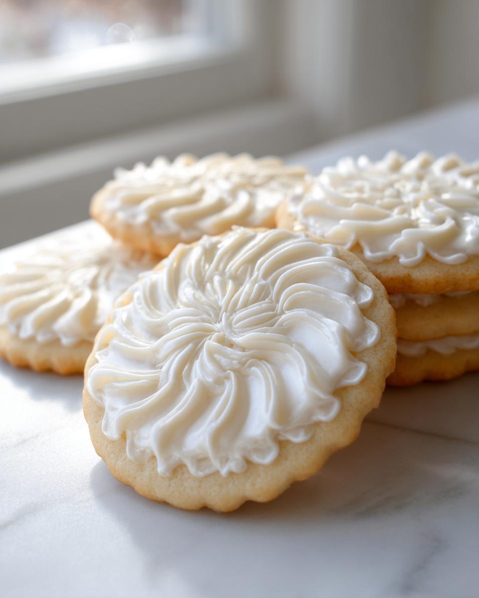 Close-up of sugar cookies topped with thick, piped white sugar cookie icing recipe swirls on a marble surface.