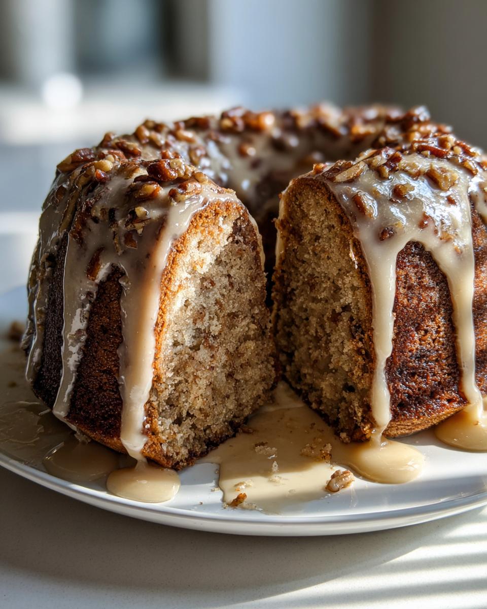 A bundt cake, sliced open, showing the moist interior of the sweet Alabama pecan bread topped with a thick glaze and chopped pecans.