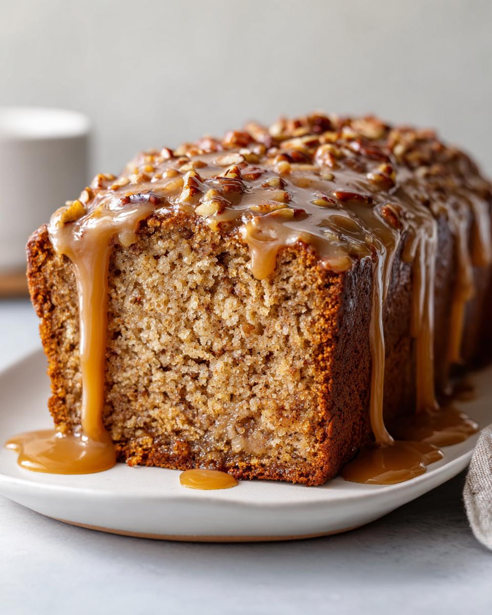 Close-up of a slice of sweet Alabama pecan bread loaf drizzled heavily with caramel sauce and topped with chopped pecans.