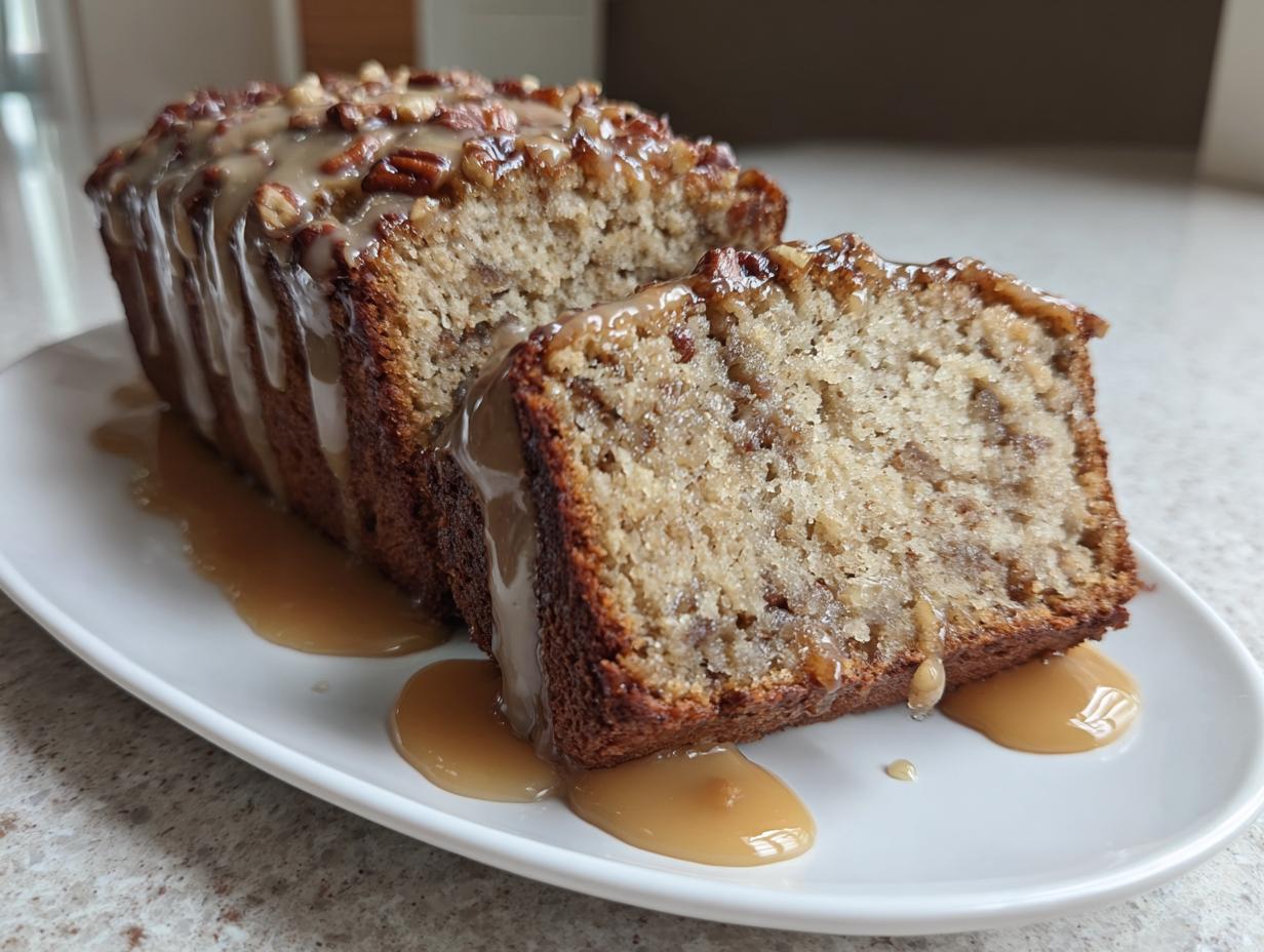A loaf of sweet alabama pecan bread, sliced and generously drizzled with a thick caramel glaze and topped with pecans.