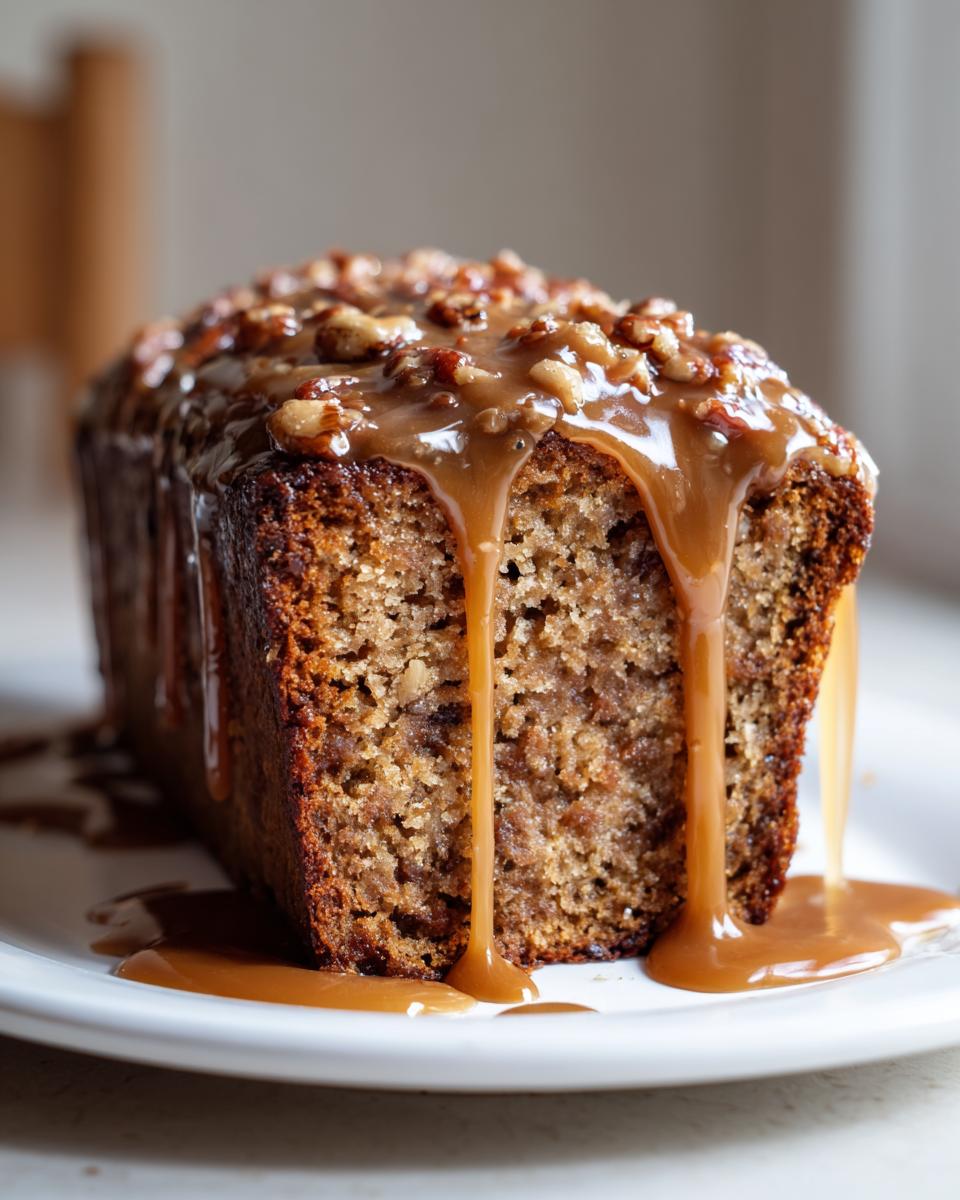 A loaf of moist sweet Alabama pecan bread topped with caramel sauce and chopped pecans.