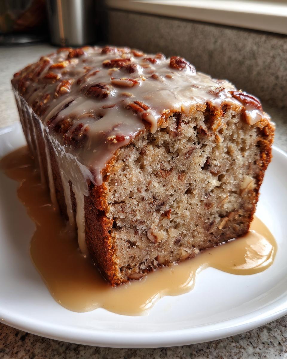 A slice of moist sweet Alabama pecan bread topped with thick glaze and pecans, sitting in a pool of caramel sauce.
