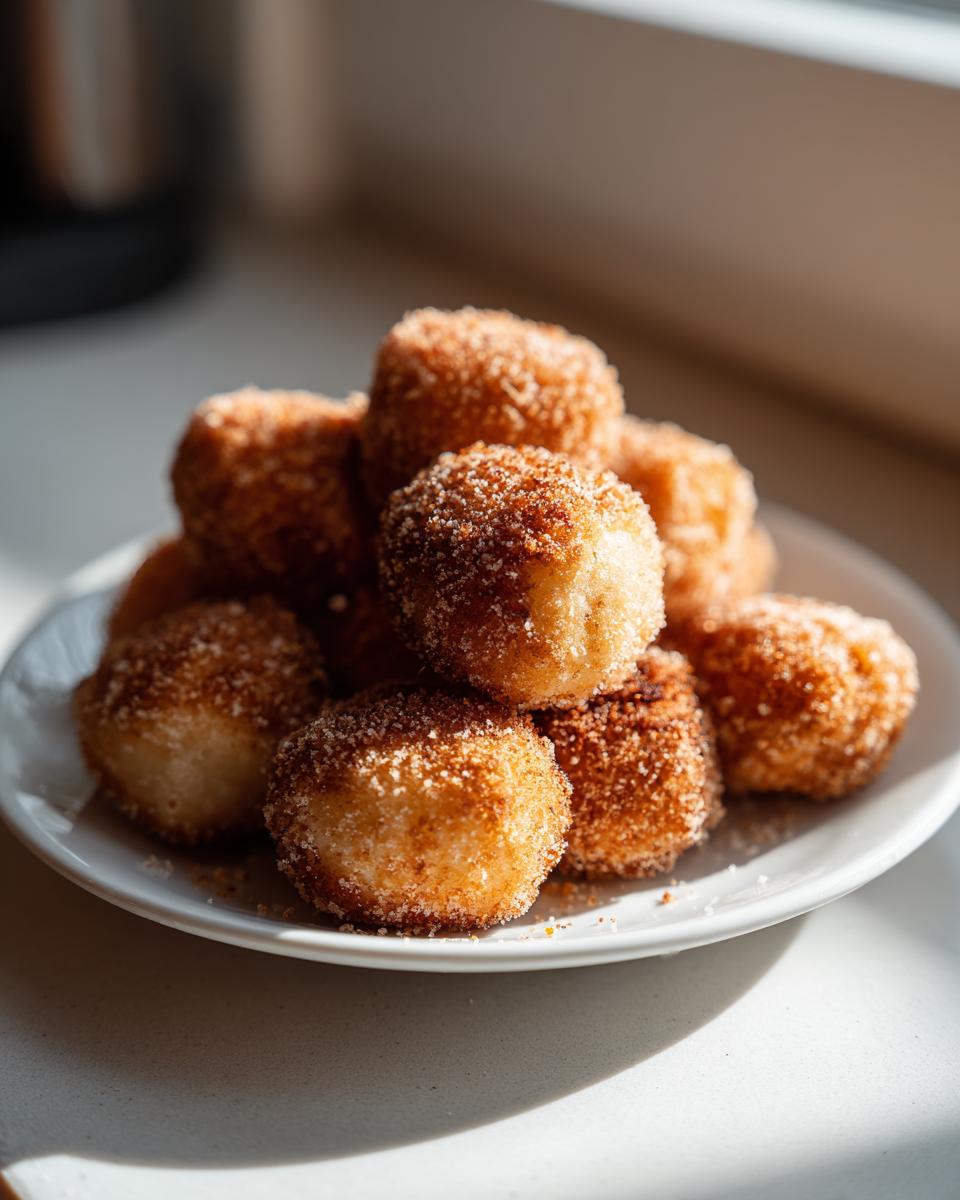 A pile of sweet, golden potato dumplings coated generously in cinnamon sugar, served on a white plate.