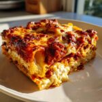 A close-up, sunlit slice of lazy lasagna showing layers of ricotta, meat sauce, and bubbly, browned cheese.
