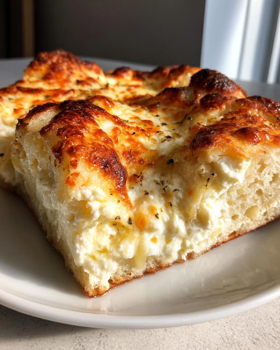 Close-up of a thick slice of white pizza showing a fluffy crust loaded with creamy ricotta and browned mozzarella cheese.