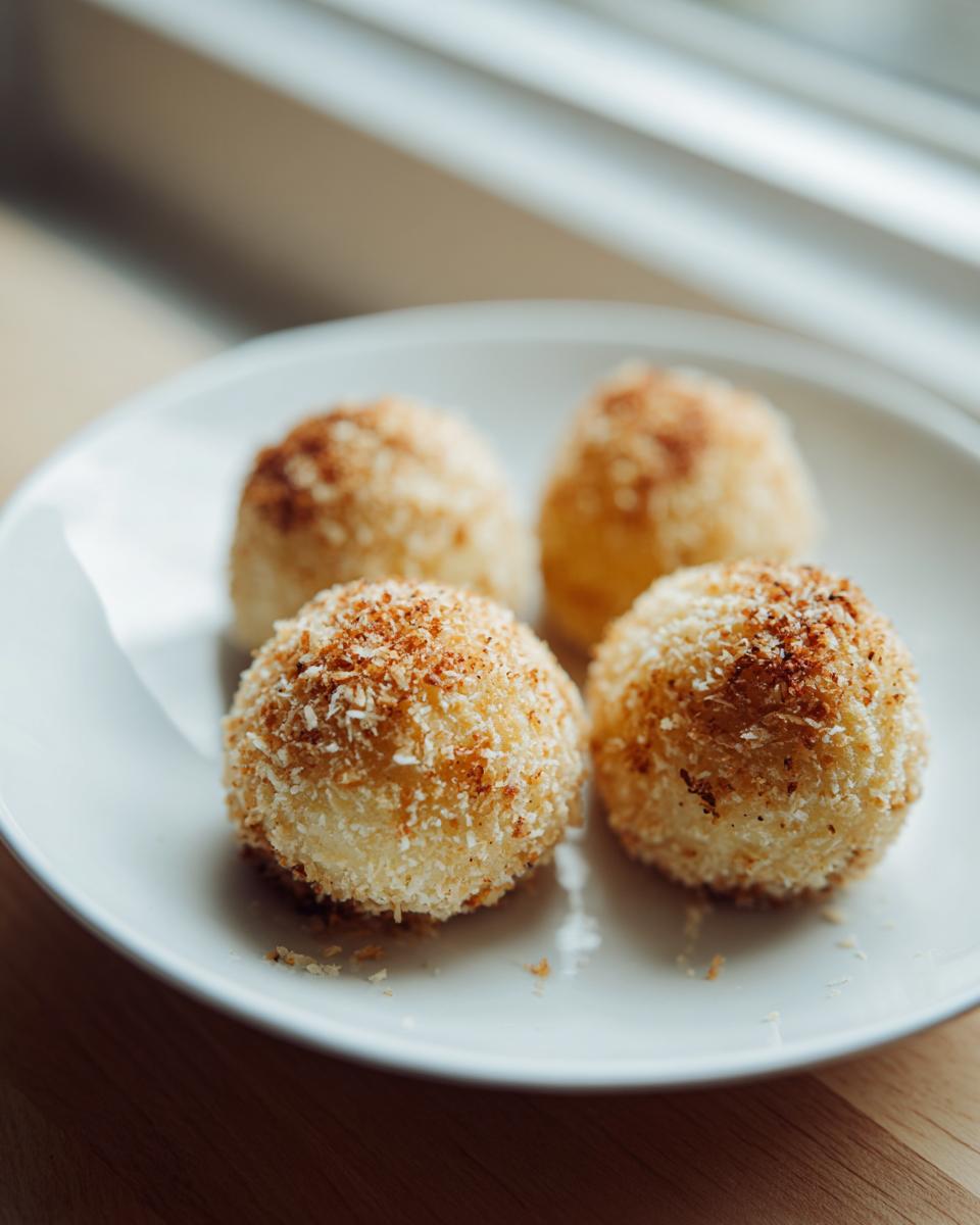 Four golden brown potato dumplings coated in toasted breadcrumbs served on a white plate near a window.