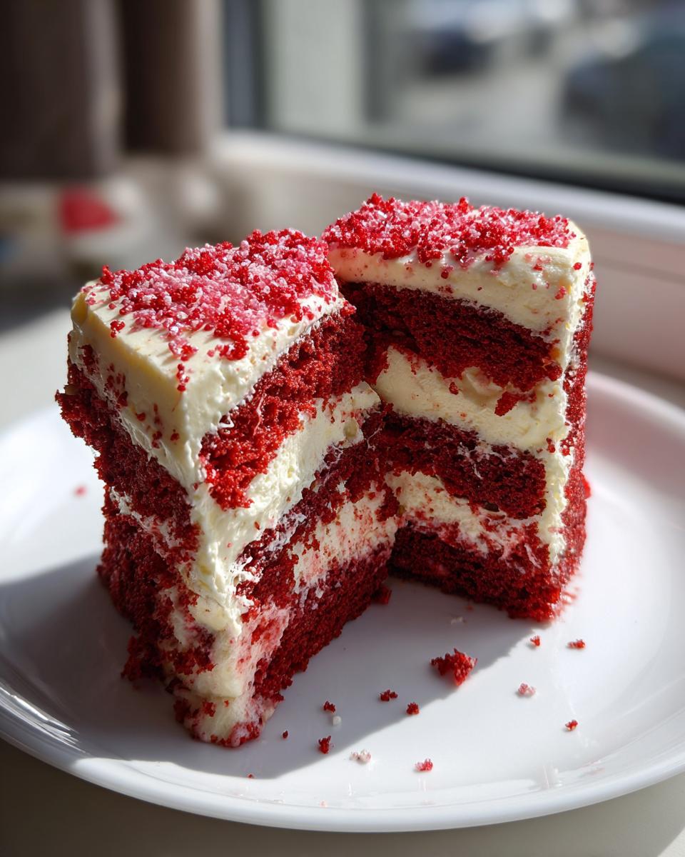 Two decadent slices of red velvet poke cake layered with cream cheese frosting and topped with red sprinkles.