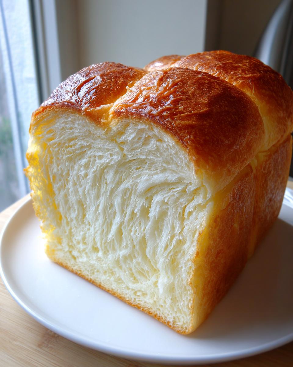 Close-up of a freshly baked loaf of milk bread, showing its incredibly soft, fluffy, and stringy interior crumb.