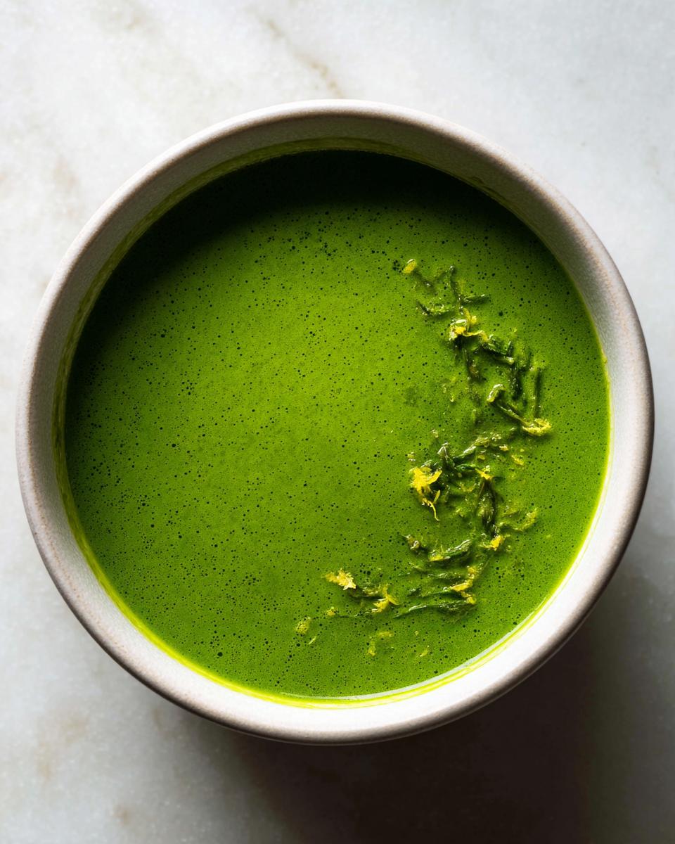 Overhead view of a bowl of bright green asparagus soup garnished with lemon zest.