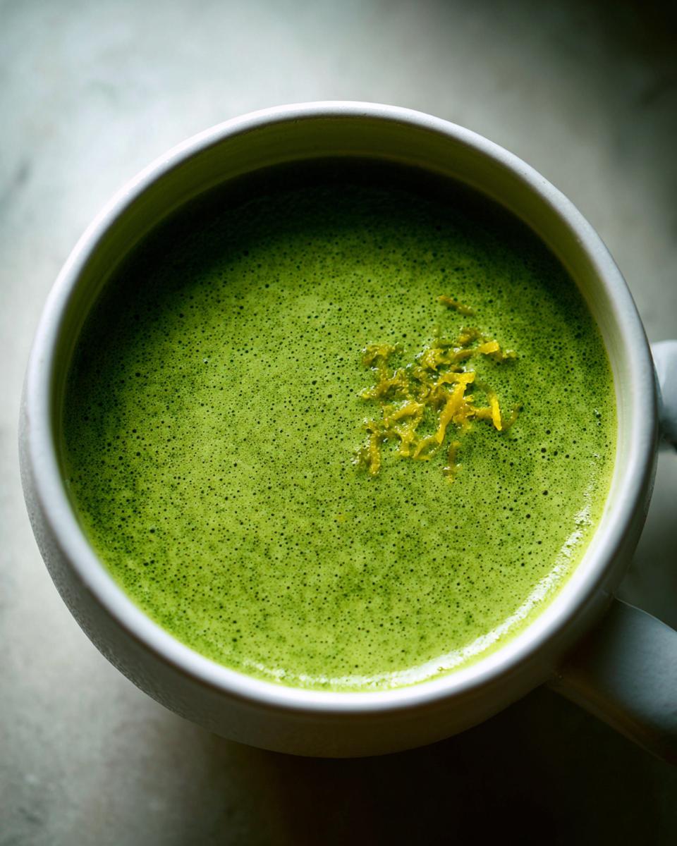 Overhead close-up of vibrant green asparagus soup in a white mug, topped with bright yellow lemon zest.