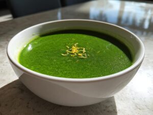 A close-up of a bowl of vibrant green asparagus soup topped with bright yellow lemon zest.