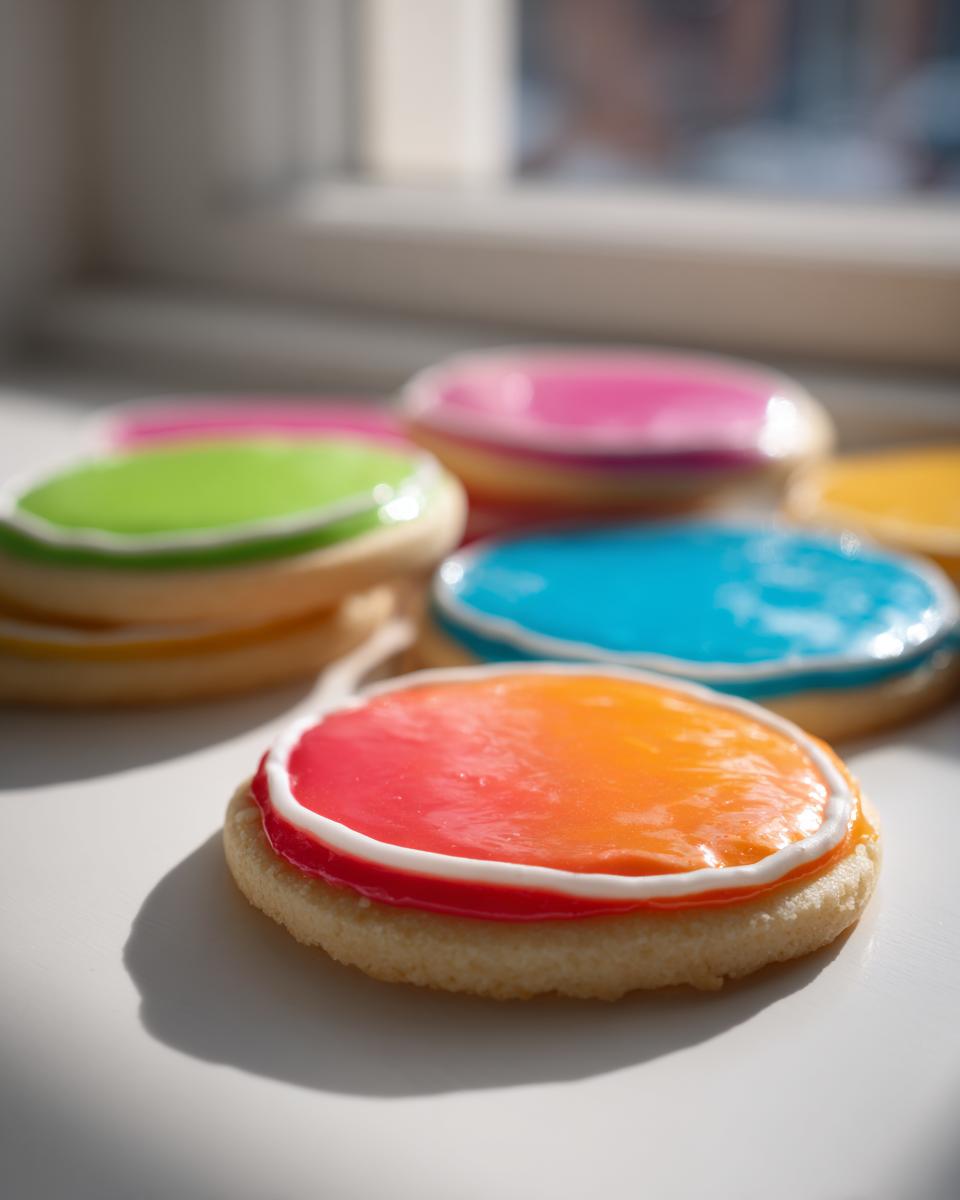 Close-up of a sugar cookie with bright orange and pink gradient icing, showcasing the smooth finish of the sugar cookie icing recipe.