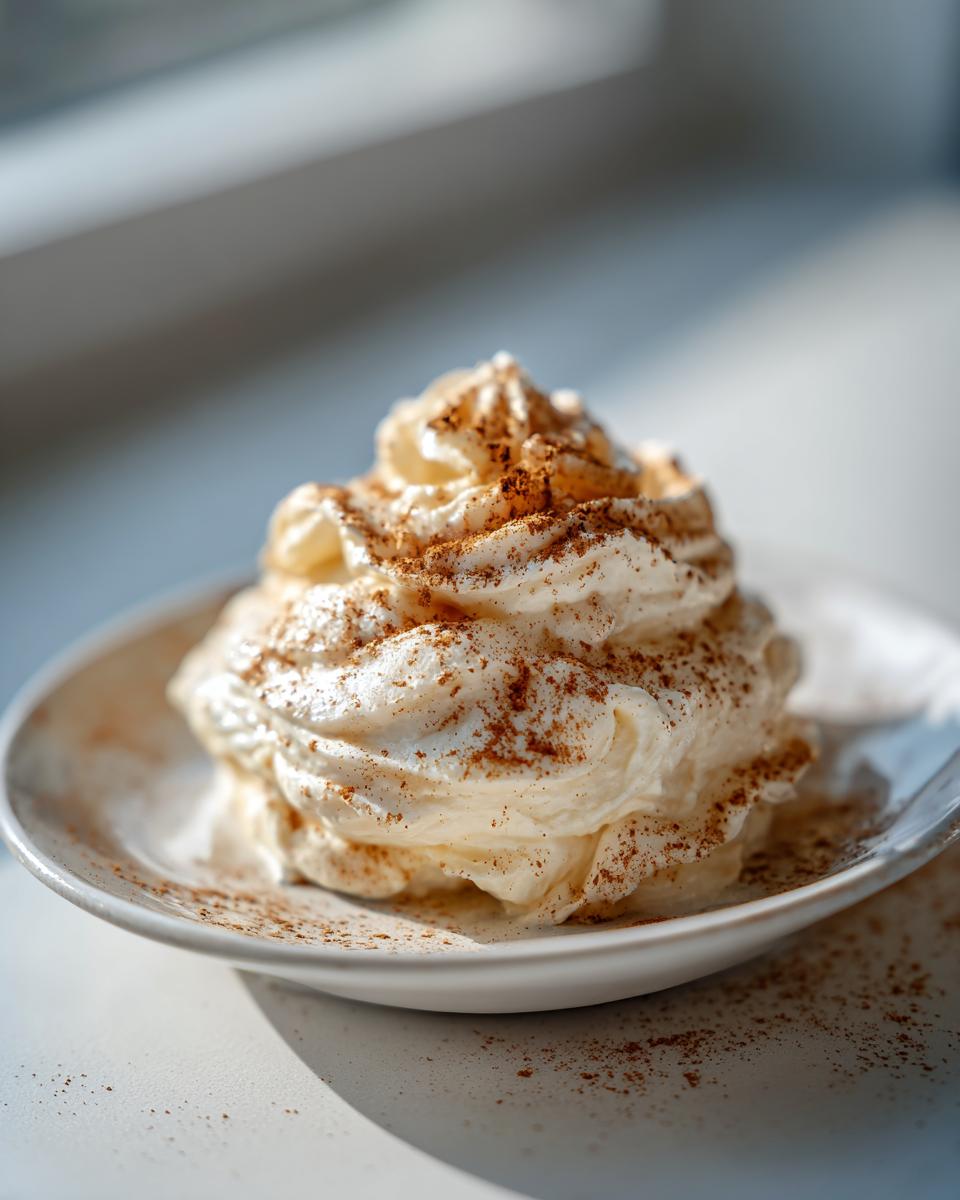 A swirl of light, fluffy whipped honey butter recipe mixture dusted generously with cinnamon on a small white plate.