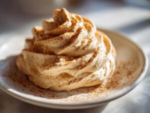 A swirl of light brown whipped honey butter, dusted with cinnamon, served on a small white plate.