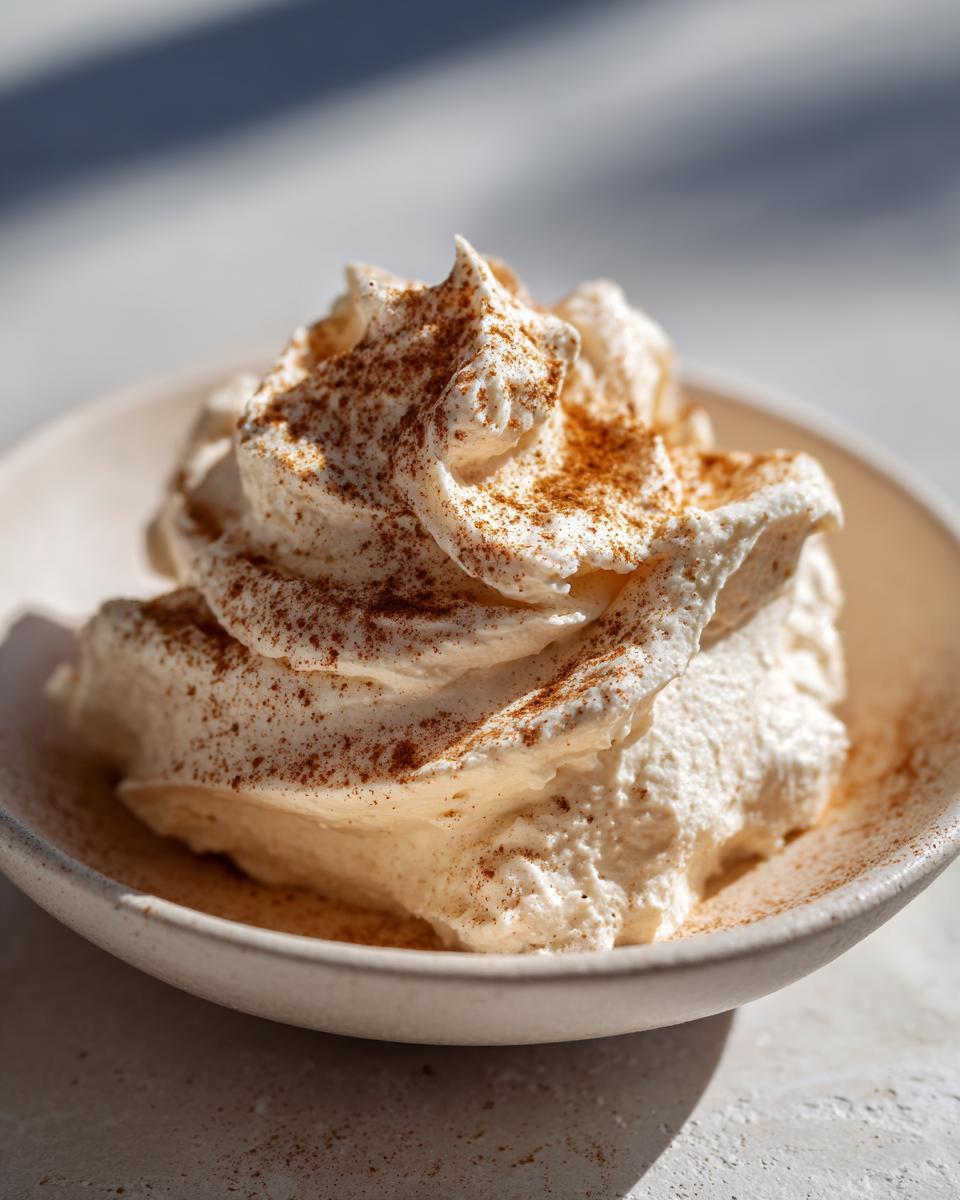 A swirl of creamy whipped topping dusted with cinnamon, perfect for serving with honey butter recipe.