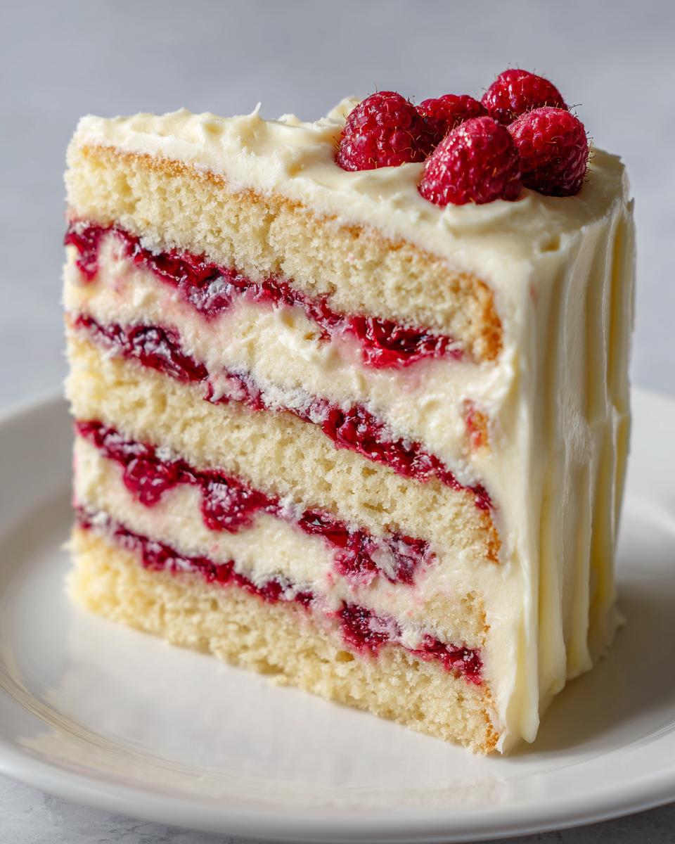 A tall slice of white chocolate raspberry cake showing three layers of sponge, white frosting, and bright red raspberry filling, topped with fresh raspberries.