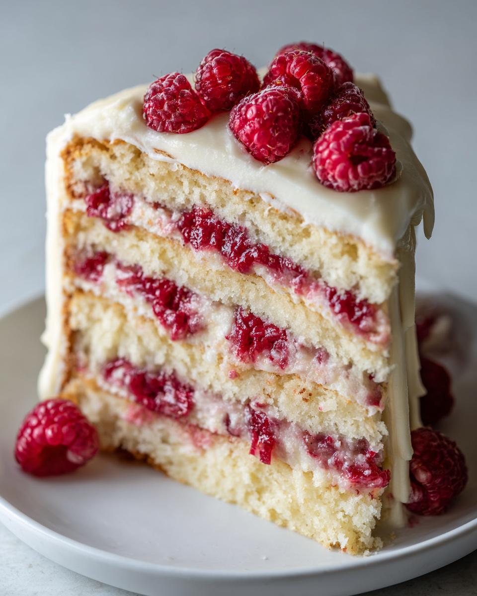 A decadent slice of white chocolate raspberry cake featuring multiple layers of vanilla cake, raspberry filling, and white frosting, topped with fresh raspberries.