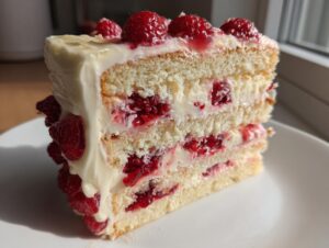 A decadent slice of white chocolate raspberry cake showing three layers of vanilla sponge, white frosting, and fresh raspberries.