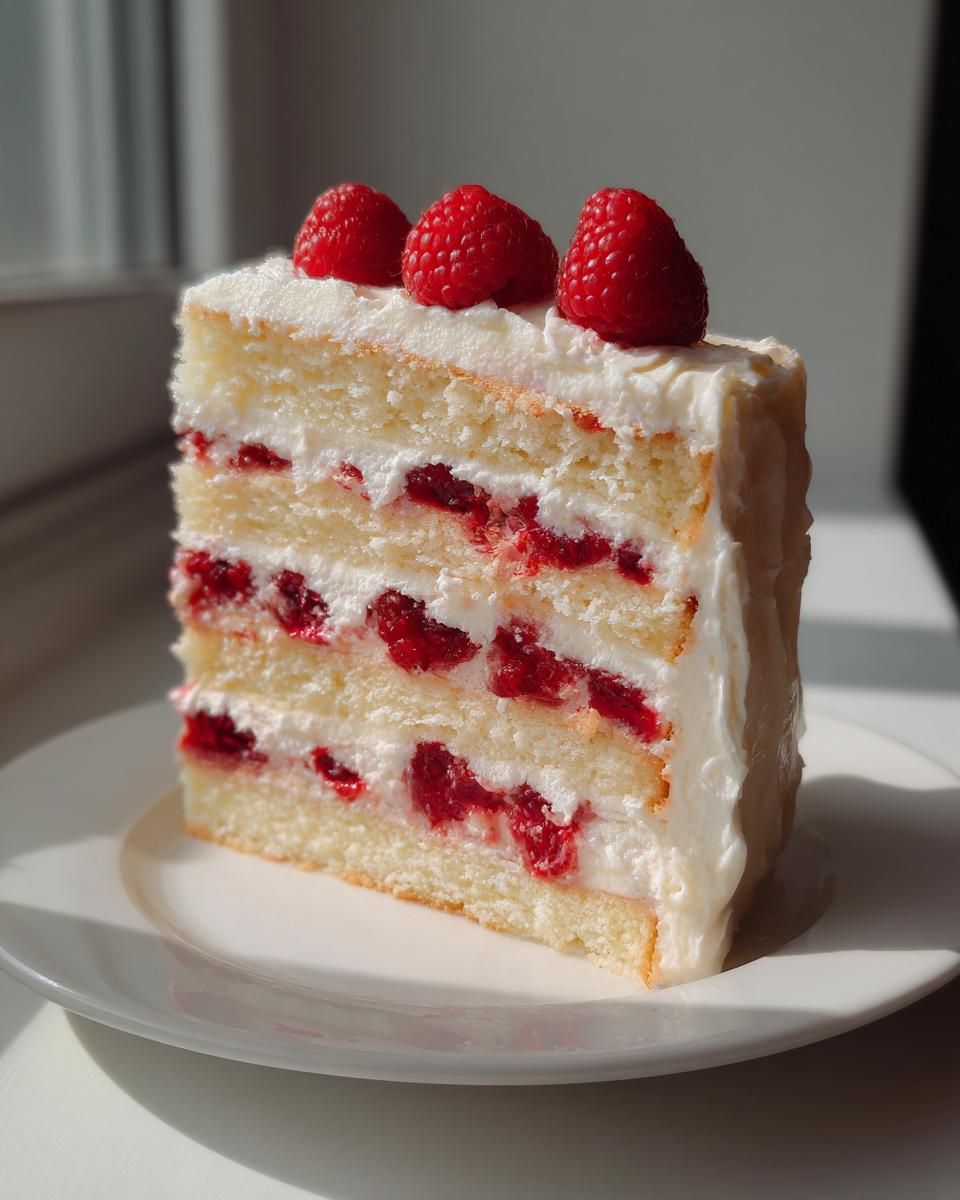 A tall slice of white chocolate raspberry cake layered with cream and fresh raspberries, topped with three whole raspberries.