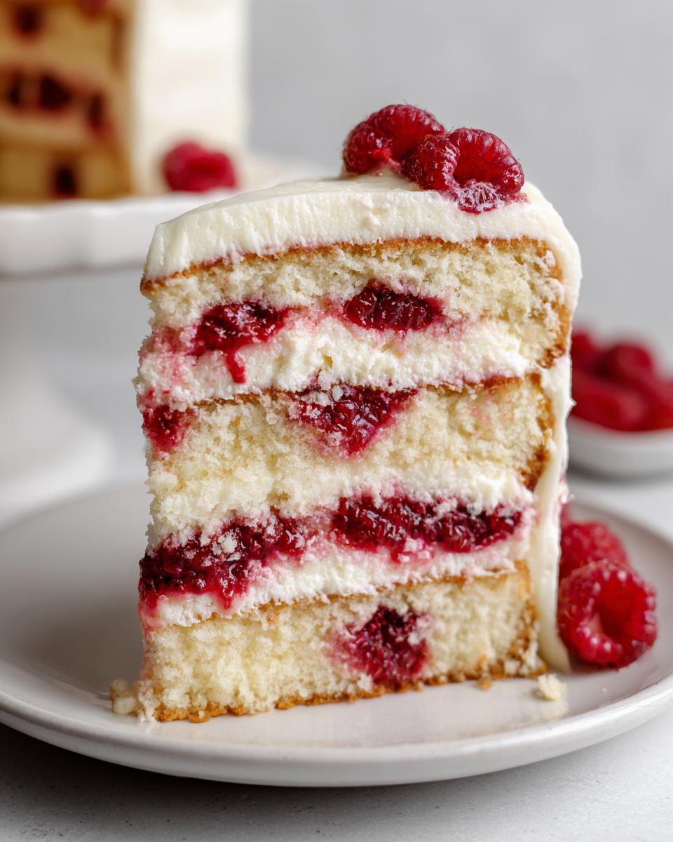 Close-up of a decadent slice of white chocolate raspberry cake showing three layers of white cake, raspberry filling, and white frosting, topped with fresh raspberries.