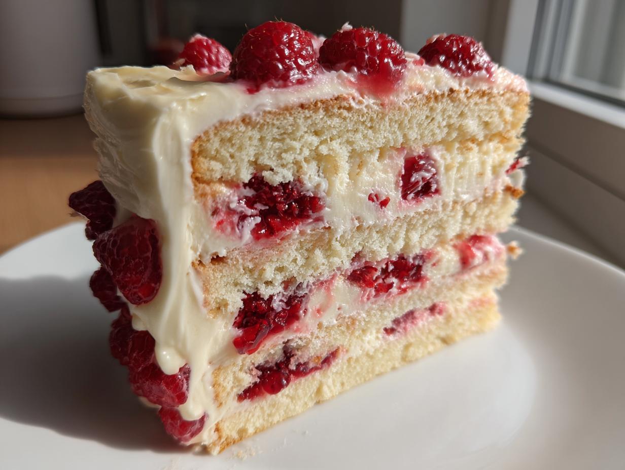A decadent slice of white chocolate raspberry cake showing three layers of vanilla sponge, white frosting, and fresh raspberries.
