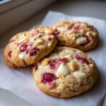 Three freshly baked white chocolate raspberry cookies resting on parchment paper.