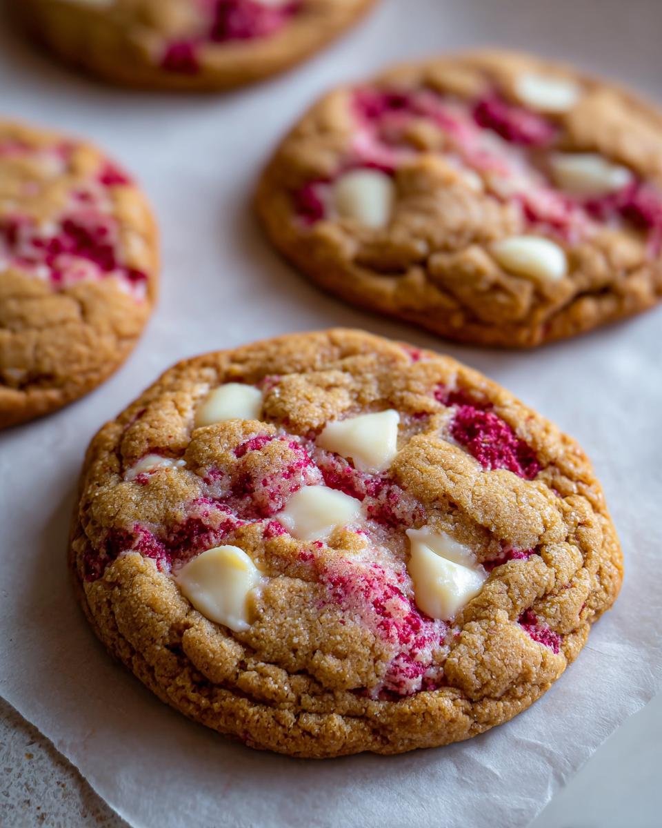 A close-up of a freshly baked white chocolate raspberry cookie showing melted white chocolate chips and bright pink raspberry pieces.
